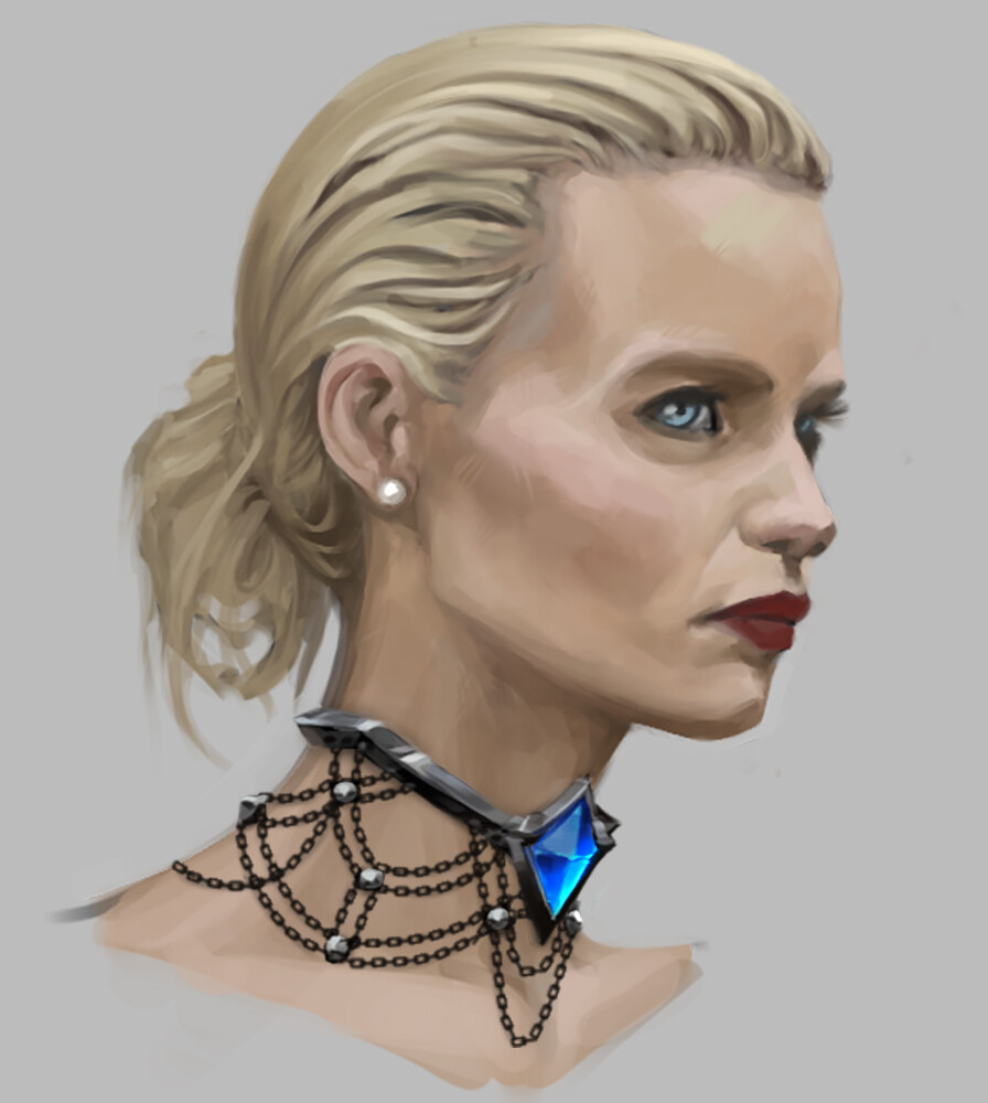 Character portrait of a blonde woman with an azure necklace.